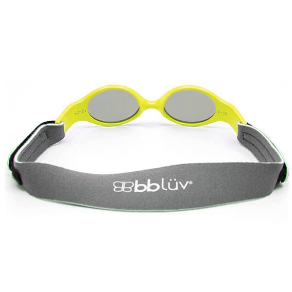 Children's sunglasses with a gray strap featuring the bbluv logo on a white background