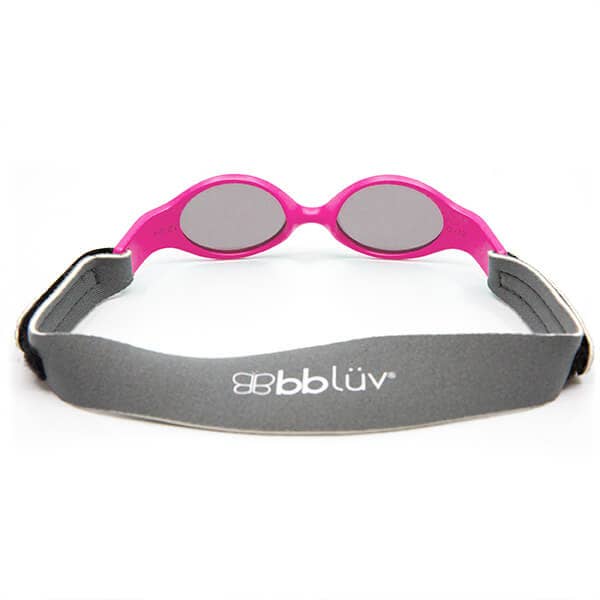 Pink sunglasses with a gray strap on a white background, featuring the bbluv brand.