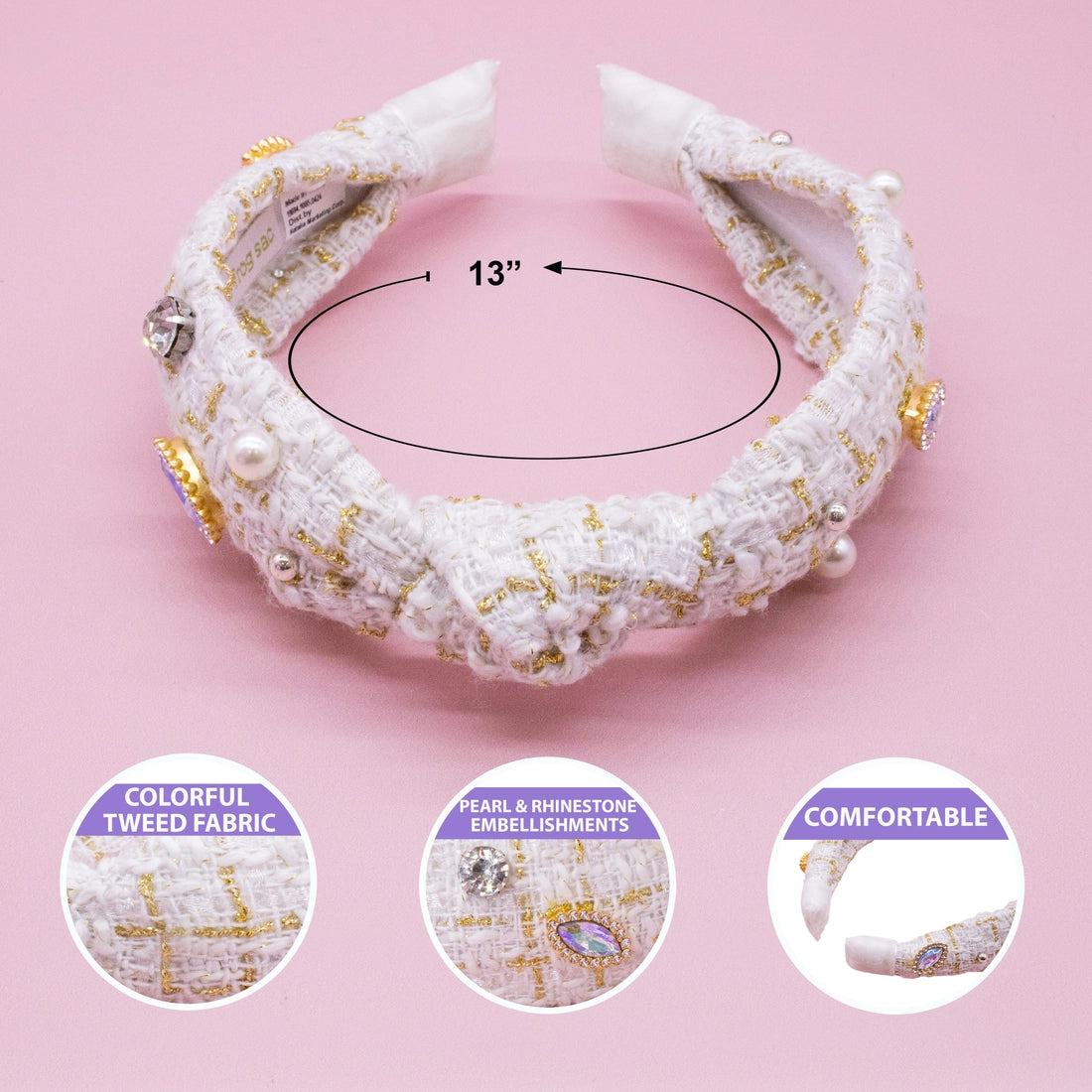 Frog Sac - Embellished Knot Headband - Tweed Rhinestone Pearl