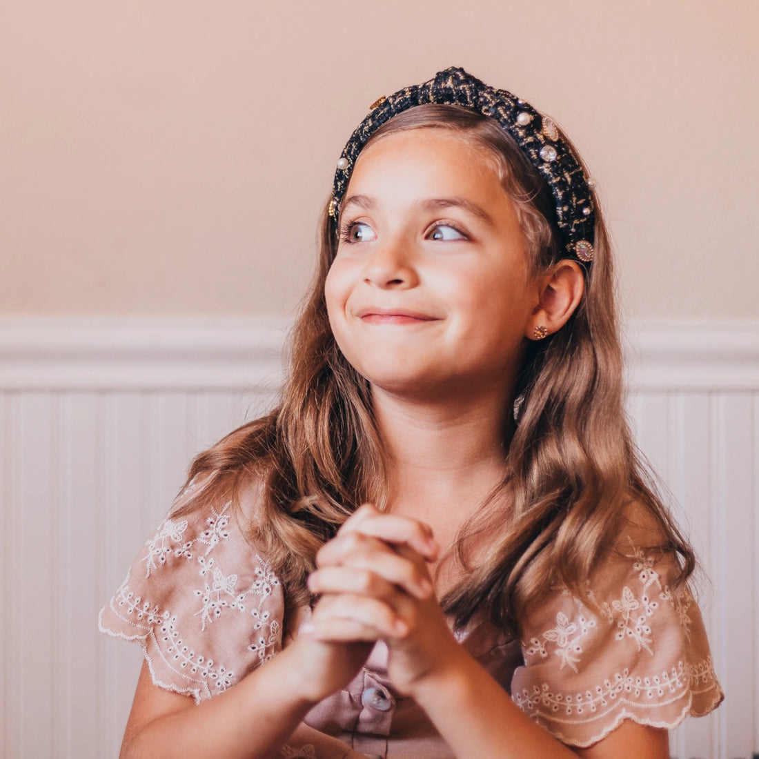 Frog Sac - Embellished Knot Headband - Tweed Rhinestone Pearl