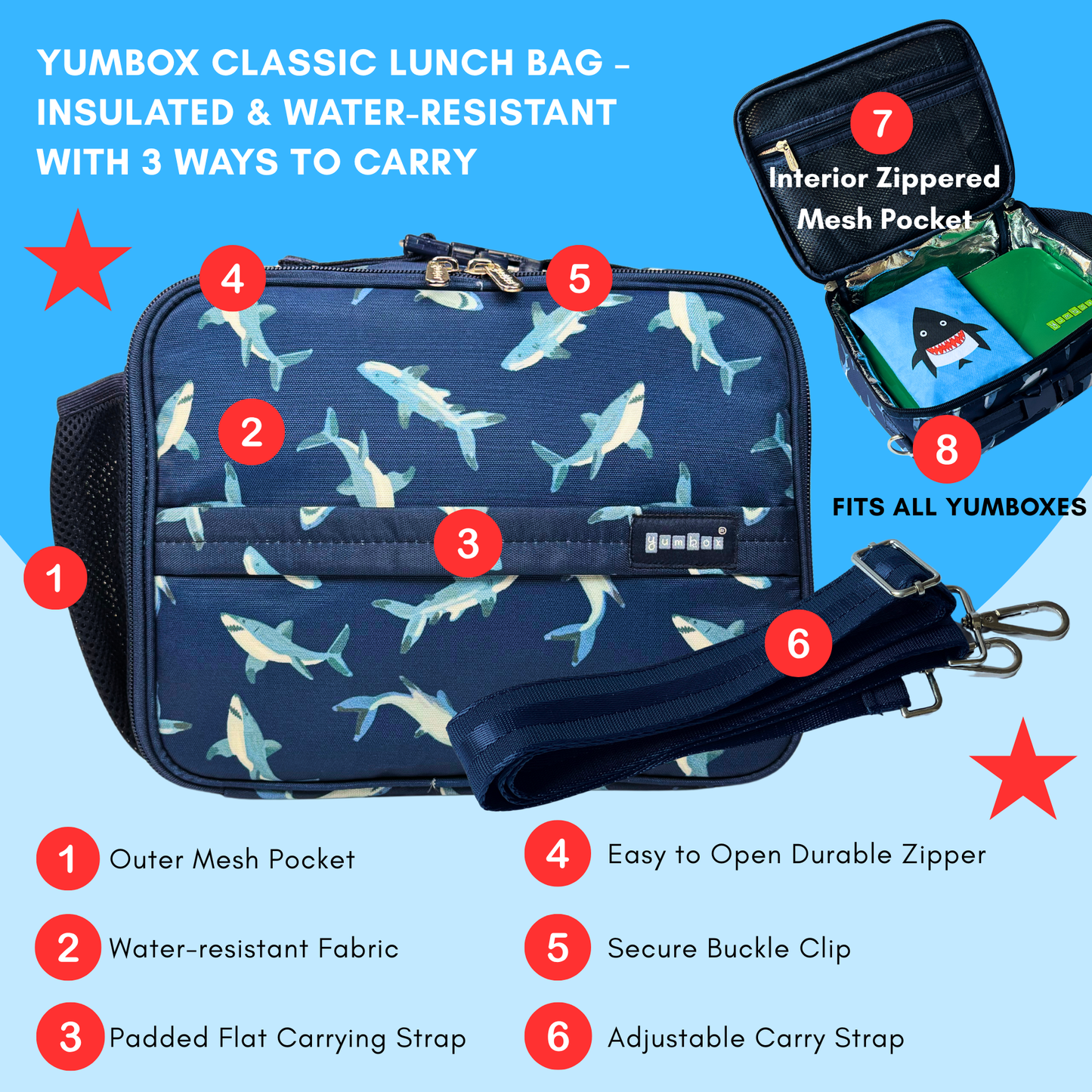 Yumbox - Yumbox Kids Lunch Bag – Shark Print, Insulated, 3-Way Carry