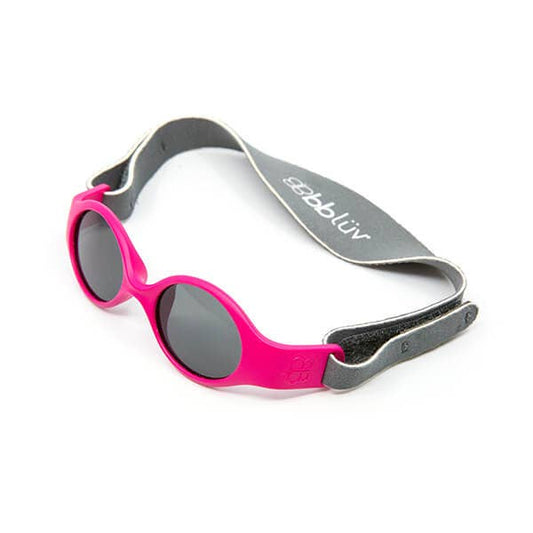 Pink sunglasses with gray frame and strap on a white background