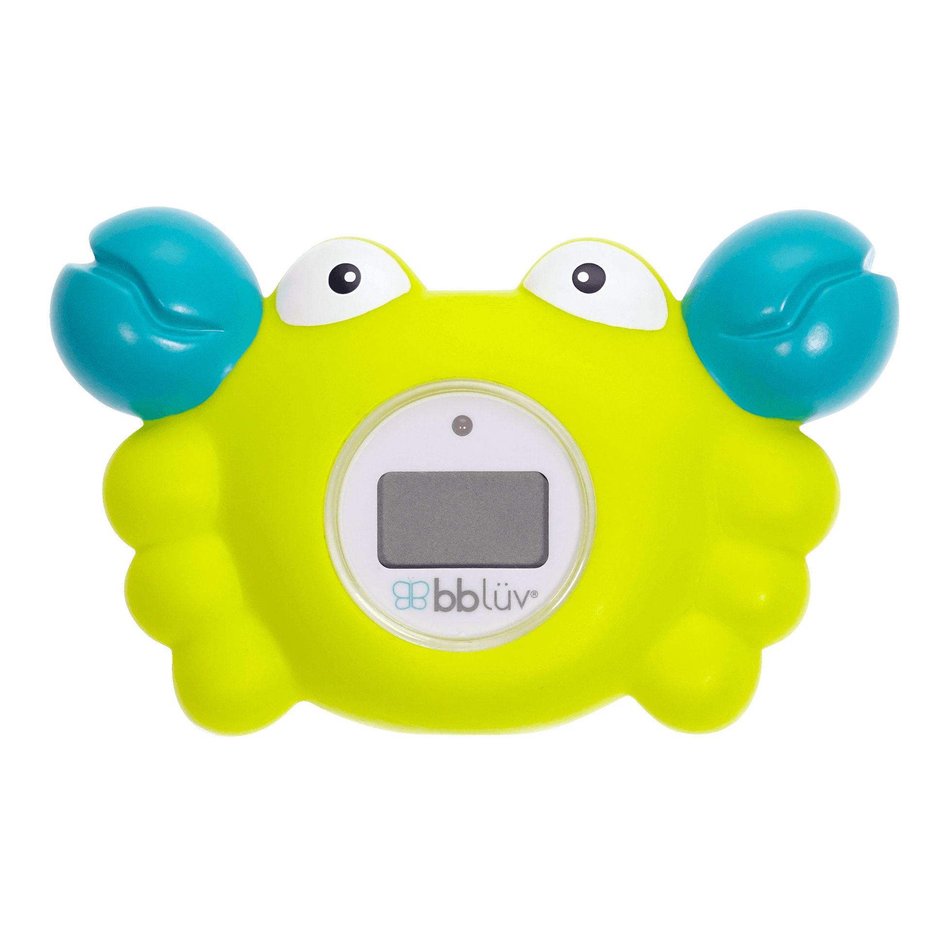 Yellow crab-shaped thermometer with blue claws on a black background