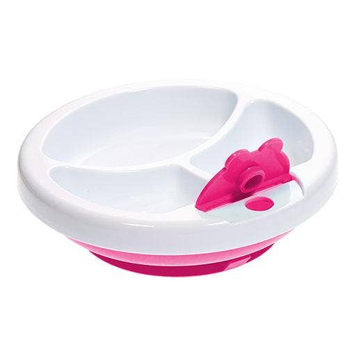 Pink and white plate with a dolphin figure on a white background