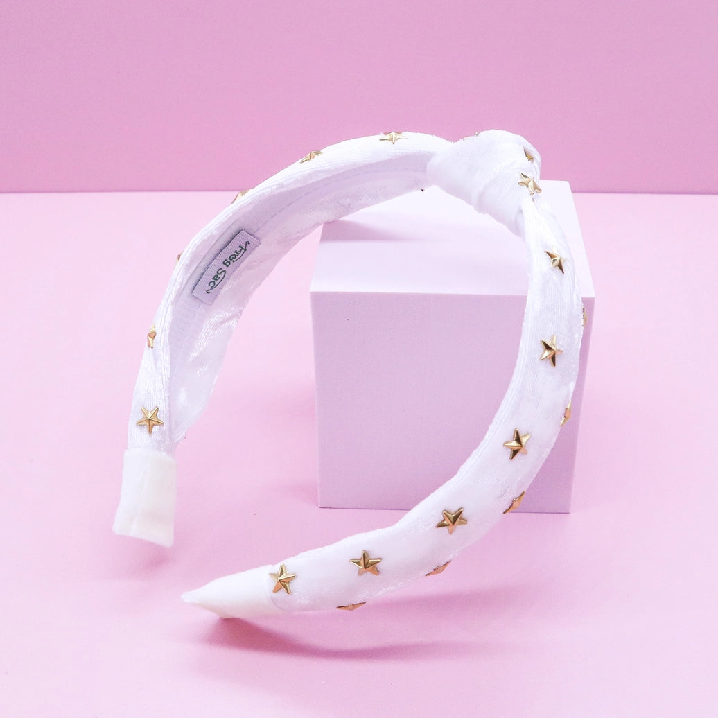 Frog Sac - Kids Knot Headband - White Star Stud Velvet Hair Accessories