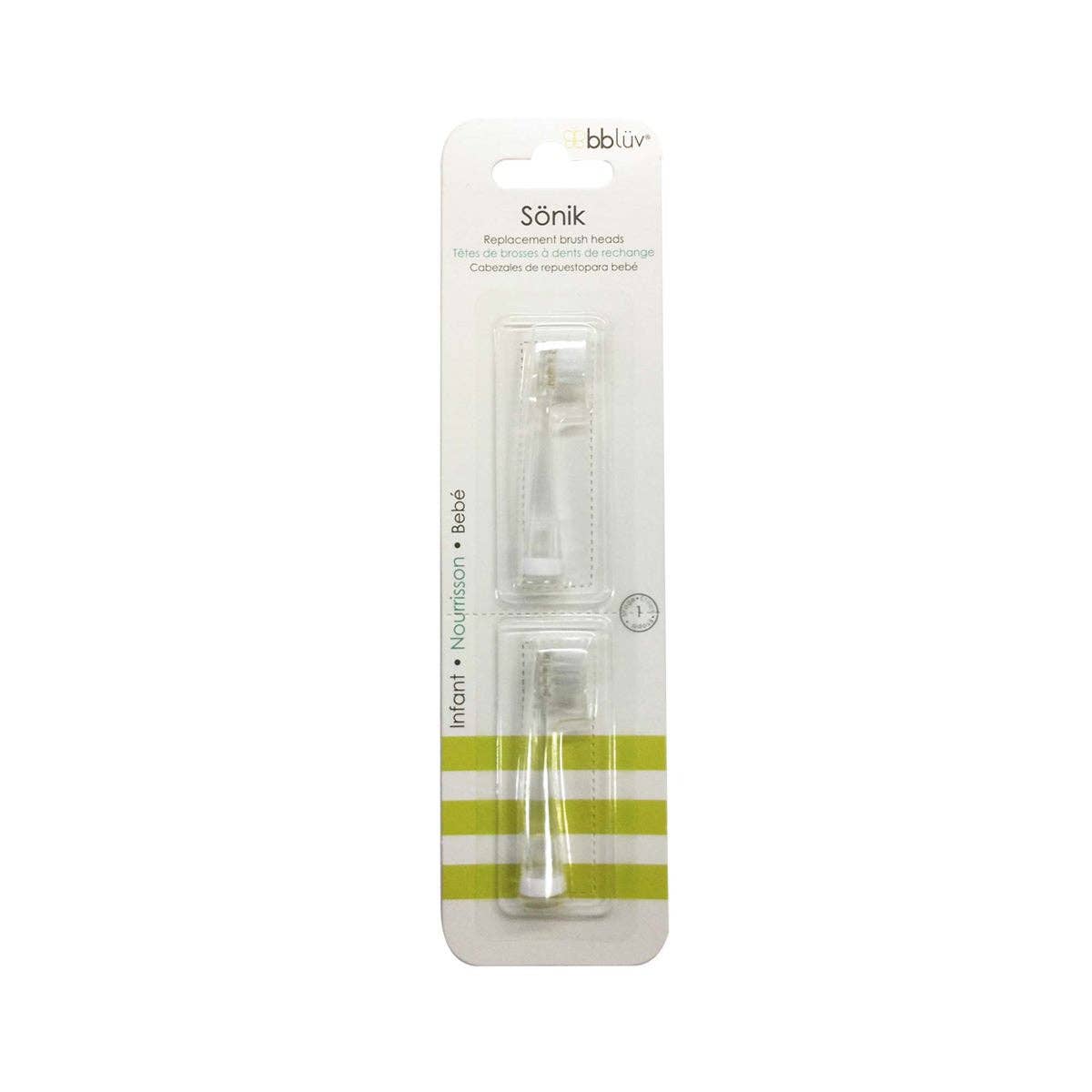 Packaged children's toothbrushes with a green and white striped design on a white background