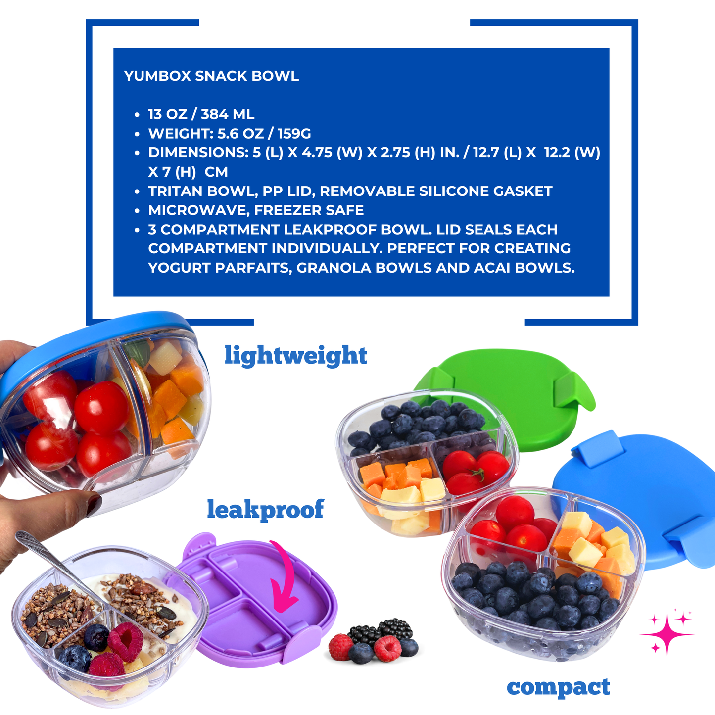 Yumbox - Leakproof Snack Bowl with 3 Compartments - Raspberry Pink
