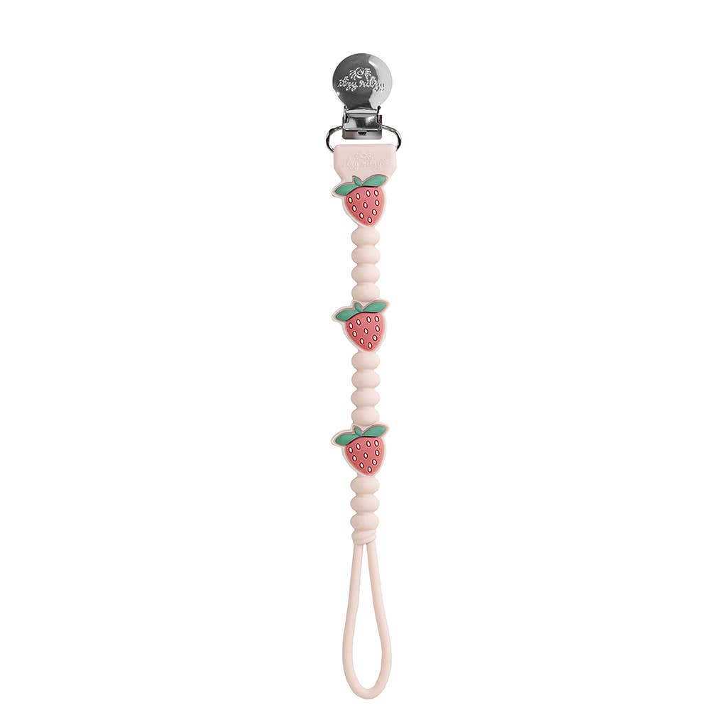 Pacifier clip with strawberry design on a white background