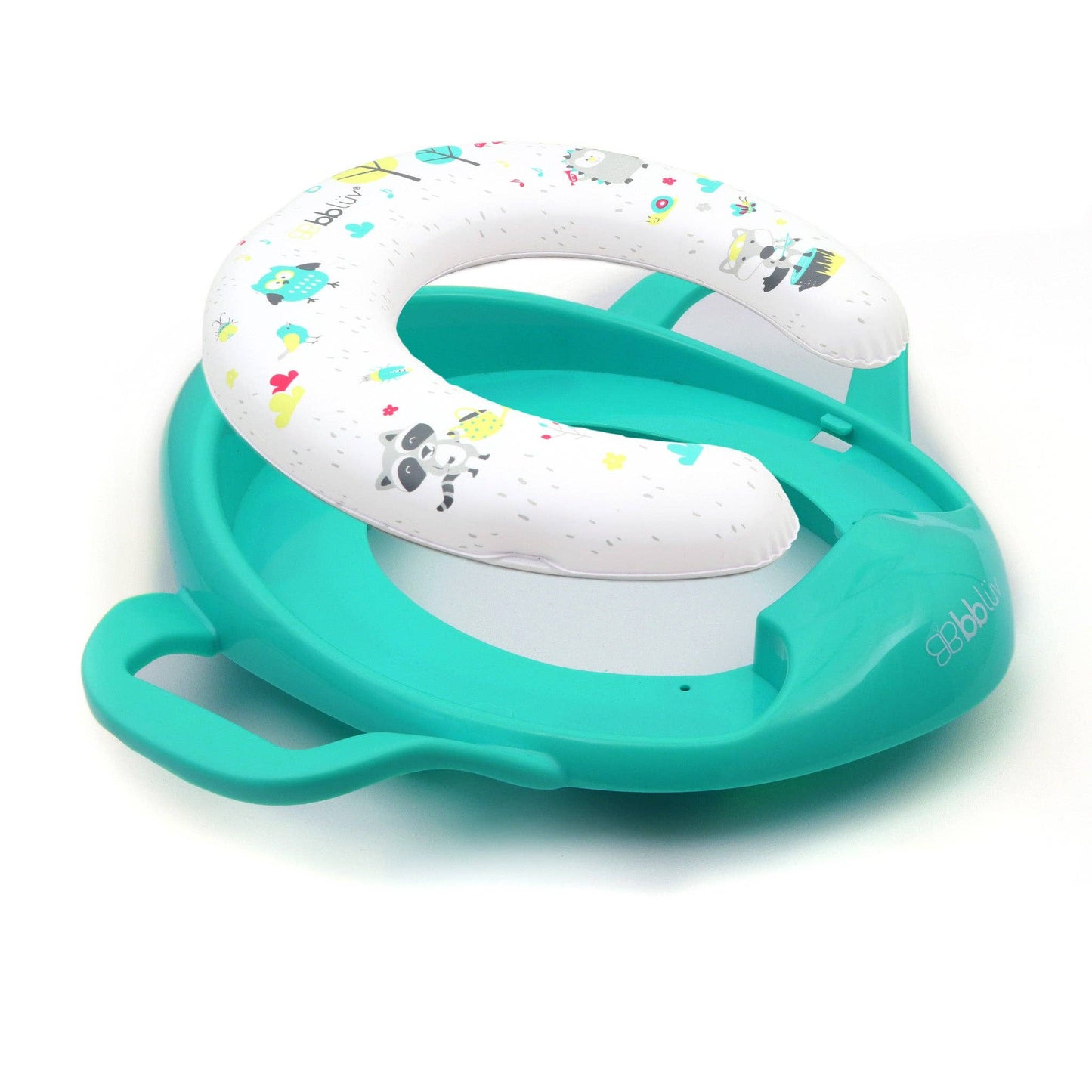 Turquoise and white baby toilet seat with cartoon design on a white background