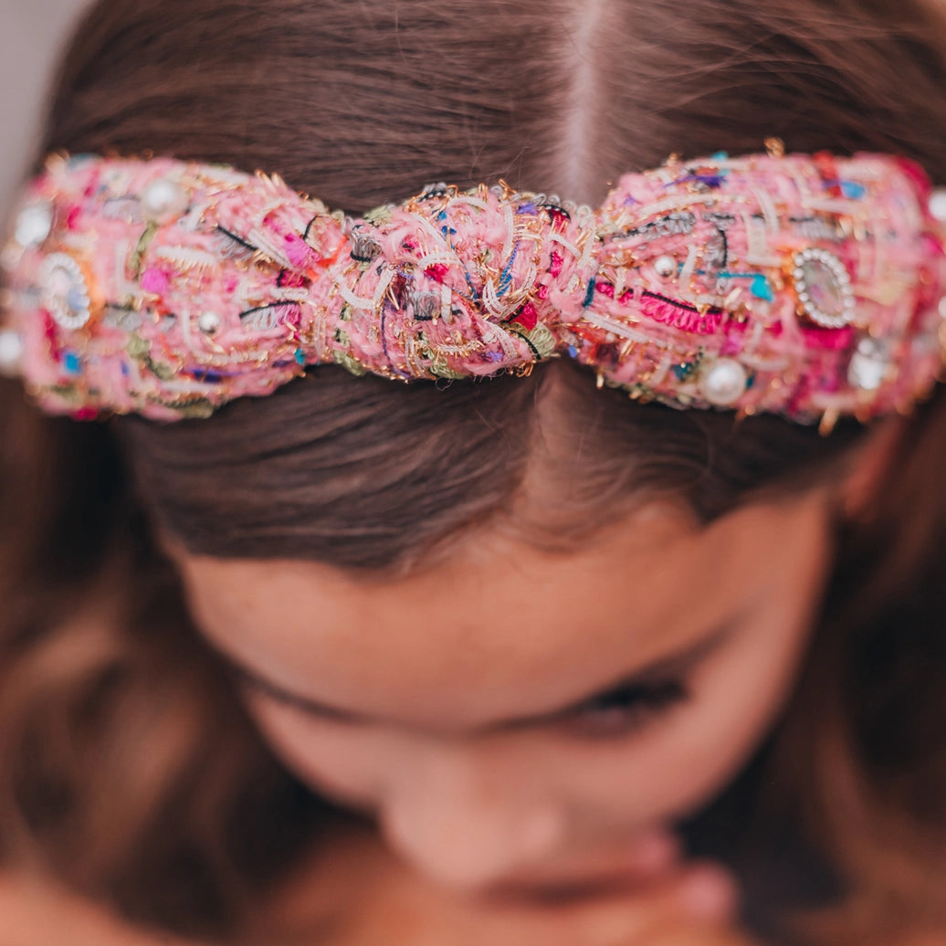 Frog Sac -  Kids Knot Headband - Embellished Rhinestone Pearl Tweed