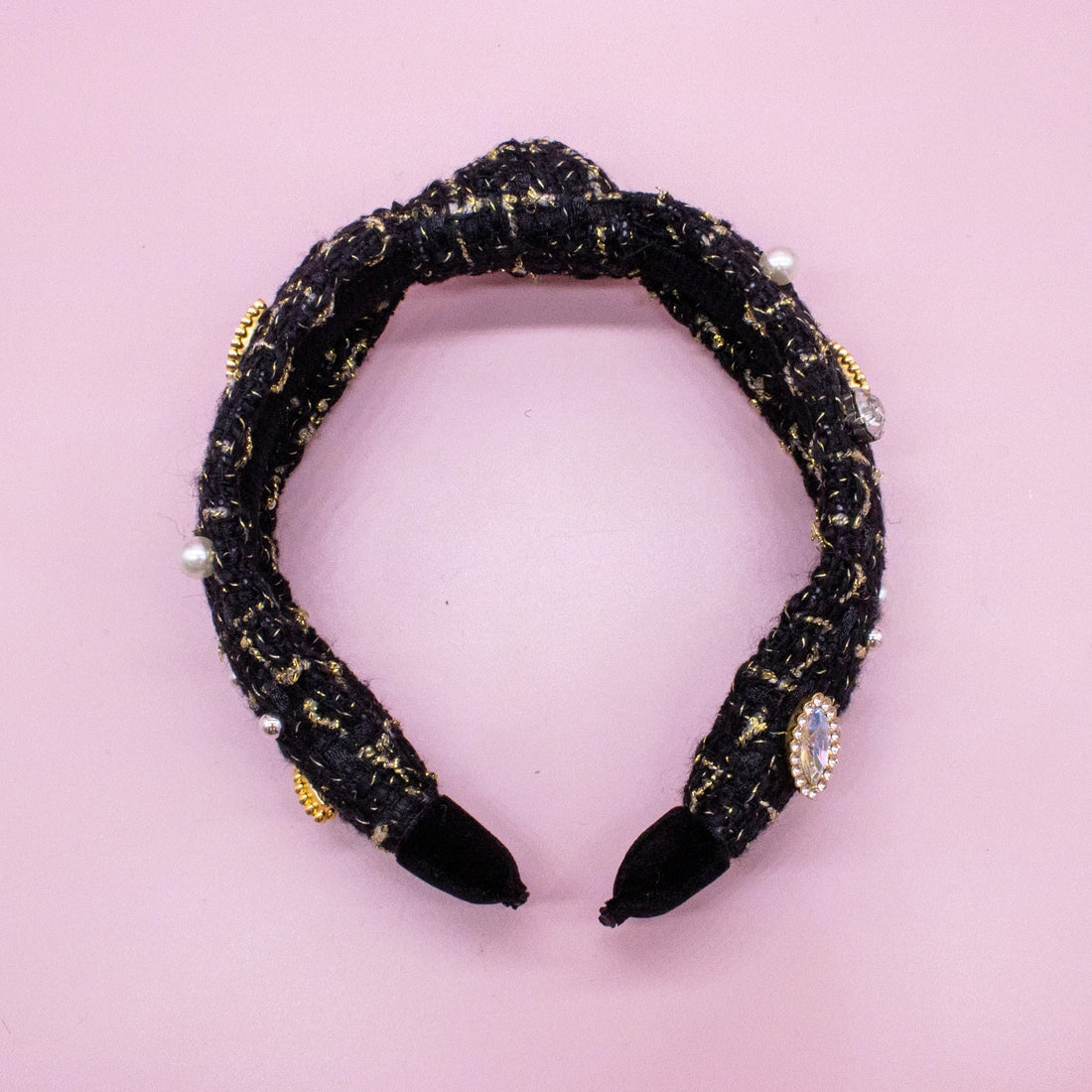 Frog Sac - Embellished Knot Headband - Tweed Rhinestone Pearl