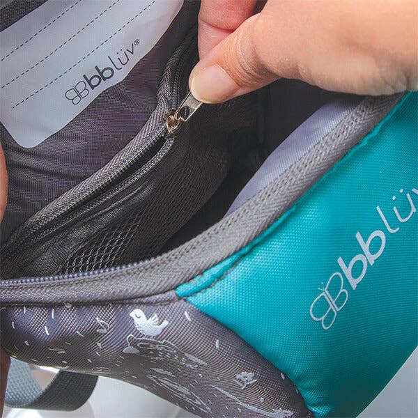 Close-up of a teal and gray bag with 'bbluv' branding, showing a hand opening the zipper.