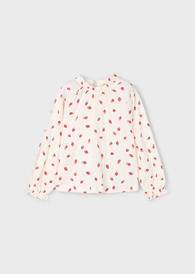 Mayoral Girl's Flowy Bambula Shirt Strawberry Print