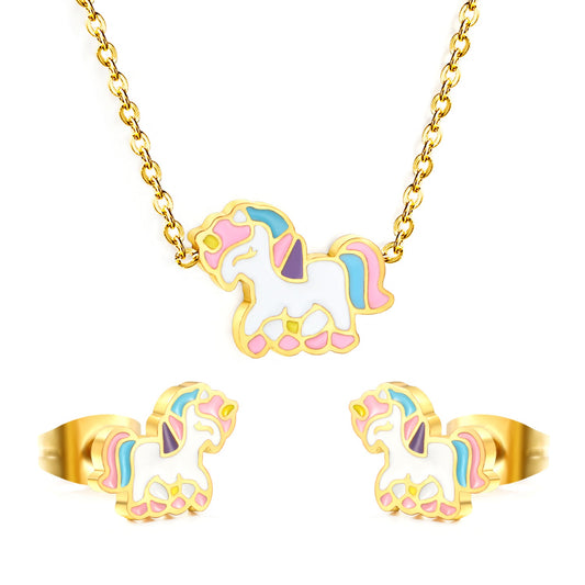 Oh! Cherise Unicorn Stainless Steel 18k Gold Plated Earring and Necklace Set